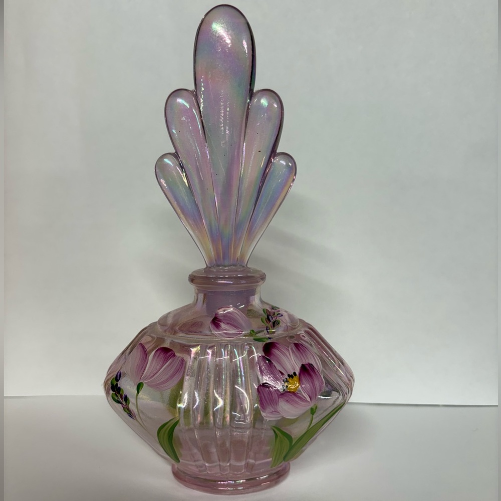Vintage Fenton Iridescent Pink Floral Perfume Bottle